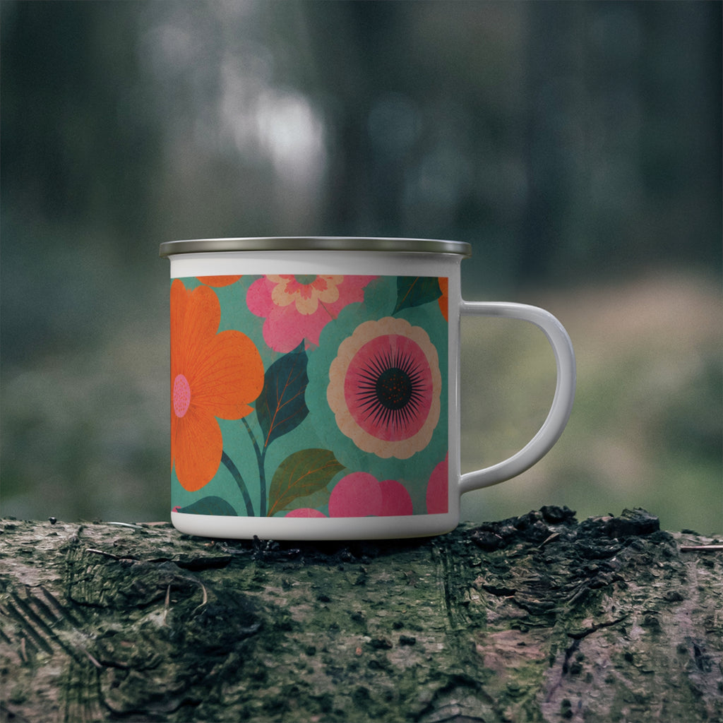 Retro Floral Enamel Camping Mug —  Pink & Teal Wildflower Print