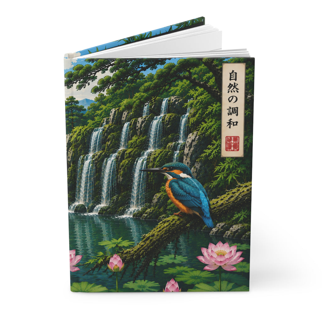 Hardcover Journal — Serene Japanese Garden Waterfall & Kingfisher Notebook