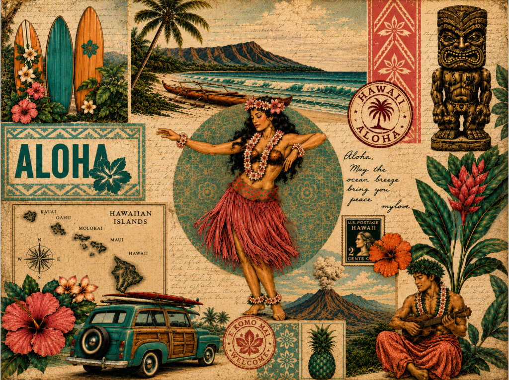 Velveteen Plush Blanket - Aloha Islands, vintage Hawaiian collage design