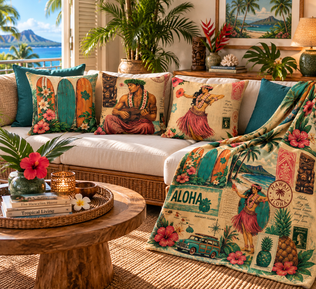 Cushion - Island Story Ukulele, vintage tropical design