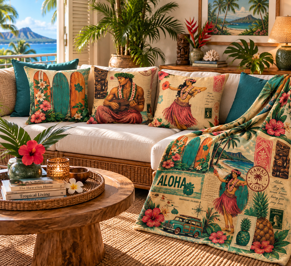 Cushion - Island Story Surfboards, vintage tropical design