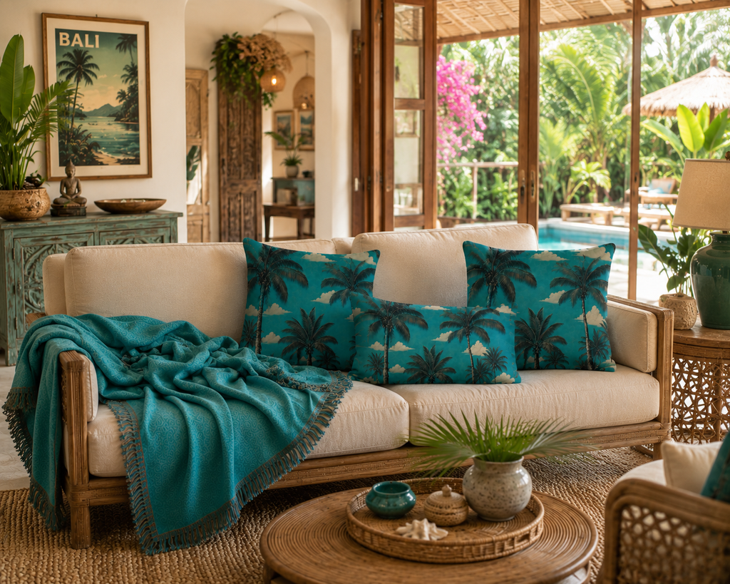 Vintage Turquoise Teal Palm Cushion - Cotton Pillow